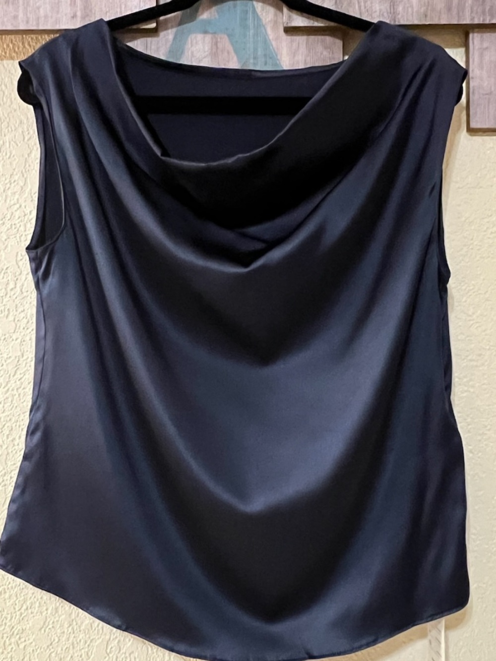 NWT Silksilky Navy Blue Cowl Neck Top, size L